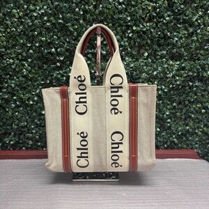 Chloe Small Woody Logo Strap Linen Tote